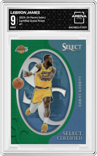 LeBron James from the 2023-24 Panini Select  set featuring a Green Prizm parallel graded by Arena Club and given an overall grade of 9.