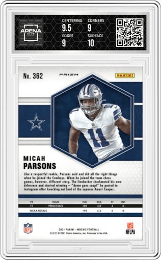 Micah Parsons from the 2021 Panini Mosaic set featuring a Green Mosaic parallel graded by Arena Club and given an overall grade of 9.5.