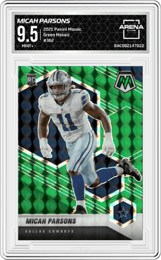 Micah Parsons from the 2021 Panini Mosaic set featuring a Green Mosaic parallel graded by Arena Club and given an overall grade of 9.5.