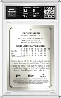 Steven Kwan from the 2022 Bowman Platinum set graded by Arena Club and given an overall grade of 9.5.