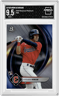 Steven Kwan from the 2022 Bowman Platinum set graded by Arena Club and given an overall grade of 9.5.