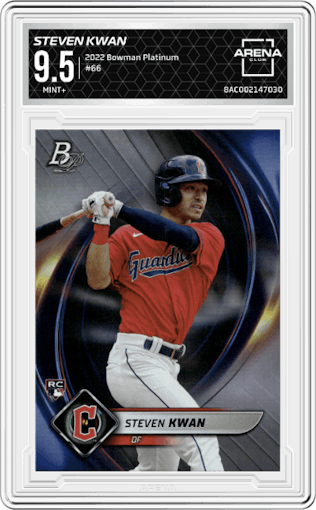 Steven Kwan from the 2022 Bowman Platinum set graded by Arena Club and given an overall grade of 9.5.