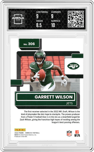 Garrett Wilson from the 2022 Panini Donruss set graded by Arena Club and given an overall grade of 9.