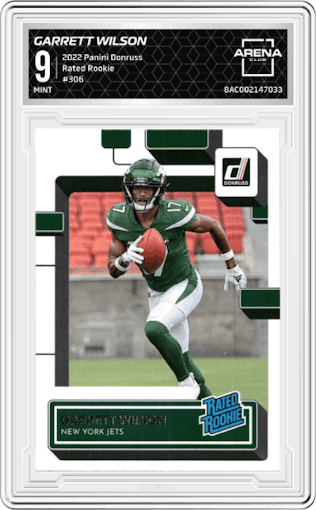 Garrett Wilson from the 2022 Panini Donruss set graded by Arena Club and given an overall grade of 9.