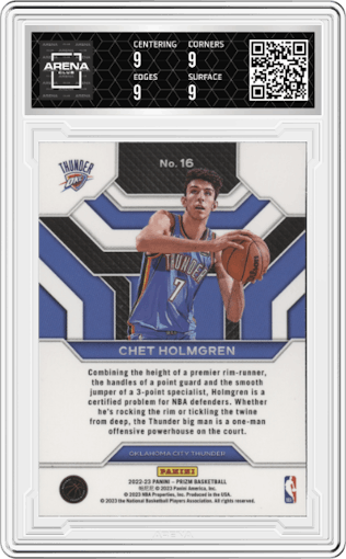 Chet Holmgren from the 2022-23 Panini Prizm  set graded by Arena Club and given an overall grade of 9.