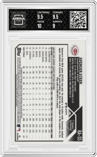 Spencer Steer from the 2023 Topps Chrome set graded by Arena Club and given an overall grade of 9.5.