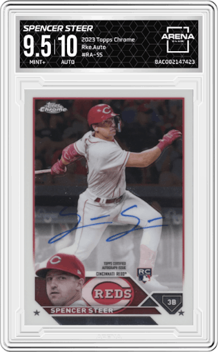 Spencer Steer from the 2023 Topps Chrome set graded by Arena Club and given an overall grade of 9.5.