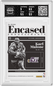 Karl Malone from the 2018-19 Panini Encased set featuring a Red parallel graded by Arena Club and given an overall grade of 9.