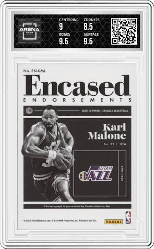Karl Malone from the 2018-19 Panini Encased set featuring a Red parallel graded by Arena Club and given an overall grade of 9.