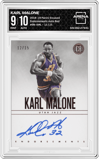 Karl Malone from the 2018-19 Panini Encased set featuring a Red parallel graded by Arena Club and given an overall grade of 9.