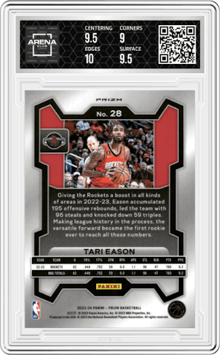 Tari Eason from the 2023-24 Panini Prizm set featuring a White Sparkle parallel graded by Arena Club and given an overall grade of 9.5.