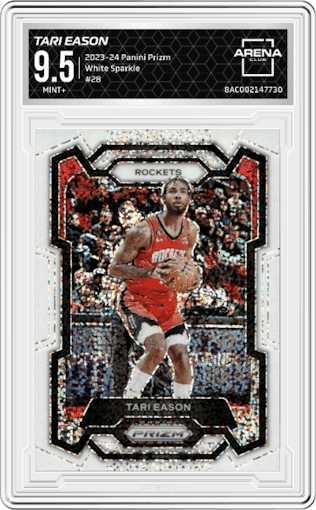 Tari Eason from the 2023-24 Panini Prizm set featuring a White Sparkle parallel graded by Arena Club and given an overall grade of 9.5.