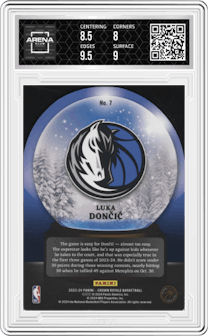 Luka Doncic from the 2023-24 Panini Crown Royale  set featuring a Gold parallel graded by Arena Club and given an overall grade of 8.5.