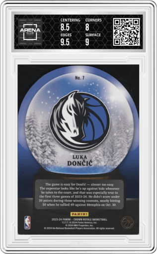 Luka Doncic from the 2023-24 Panini Crown Royale  set featuring a Gold parallel graded by Arena Club and given an overall grade of 8.5.