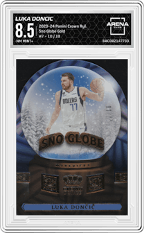 Luka Doncic from the 2023-24 Panini Crown Royale  set featuring a Gold parallel graded by Arena Club and given an overall grade of 8.5.