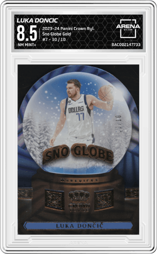 Luka Doncic from the 2023-24 Panini Crown Royale  set featuring a Gold parallel graded by Arena Club and given an overall grade of 8.5.