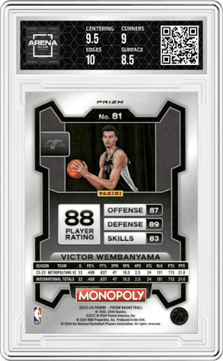 Victor Wembanyama from the 2023-24 Panini Prizm Monopoly set featuring a Purple  parallel graded by Arena Club and given an overall grade of 9.