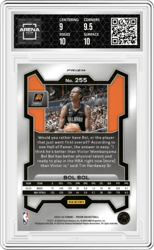 Bol Bol from the 2023-24 Panini Prizm set featuring a White Sparkle parallel graded by Arena Club and given an overall grade of 9.5.