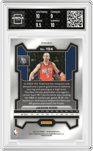 Jason Kidd from the 2023-24 Panini Prizm set featuring a White Sparkle parallel graded by Arena Club and given an overall grade of 9.5.