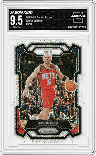 Jason Kidd from the 2023-24 Panini Prizm set featuring a White Sparkle parallel graded by Arena Club and given an overall grade of 9.5.