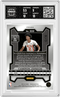 Cameron Johnson from the 2023-24 Panini Prizm set featuring a Choice Cherry Blossom parallel graded by Arena Club and given an overall grade of 9.5.