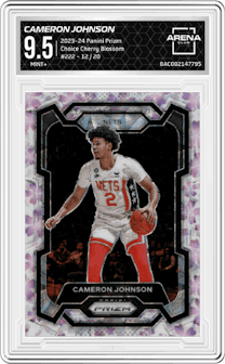 Cameron Johnson from the 2023-24 Panini Prizm set featuring a Choice Cherry Blossom parallel graded by Arena Club and given an overall grade of 9.5.