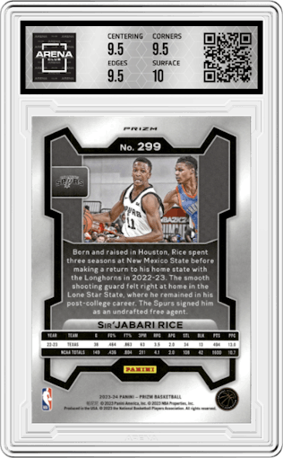Sir Jabari Rice from the 2023-24 Panini Prizm set featuring a White Sparkle parallel graded by Arena Club and given an overall grade of 10.