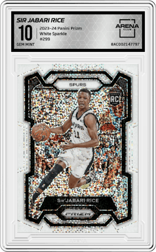 Sir Jabari Rice from the 2023-24 Panini Prizm set featuring a White Sparkle parallel graded by Arena Club and given an overall grade of 10.