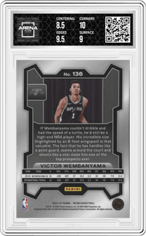 Victor Wembanyama from the 2023-24 Panini Prizm set graded by Arena Club and given an overall grade of 9.