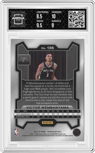 Victor Wembanyama from the 2023-24 Panini Prizm set graded by Arena Club and given an overall grade of 9.