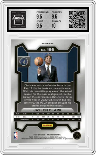 Jaylen Clark from the 2023-24 Panini Prizm set featuring a White Sparkle parallel graded by Arena Club and given an overall grade of 10.