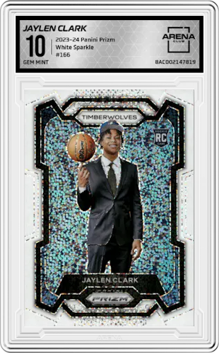 Jaylen Clark from the 2023-24 Panini Prizm set featuring a White Sparkle parallel graded by Arena Club and given an overall grade of 10.