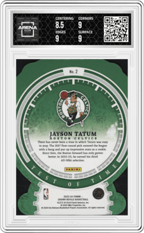 Jayson Tatum from the 2023-24 Panini Crown Royale  set featuring a Blue parallel graded by Arena Club and given an overall grade of 9.