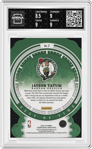 Jayson Tatum from the 2023-24 Panini Crown Royale  set featuring a Blue parallel graded by Arena Club and given an overall grade of 9.
