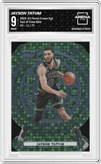Jayson Tatum from the 2023-24 Panini Crown Royale  set featuring a Blue parallel graded by Arena Club and given an overall grade of 9.