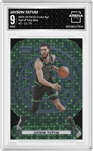 Jayson Tatum from the 2023-24 Panini Crown Royale  set featuring a Blue parallel graded by Arena Club and given an overall grade of 9.