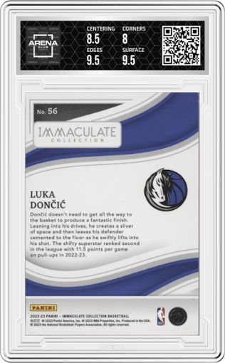 Luka Doncic from the 2022-23 Panini Immaculate Collection set featuring a Green parallel graded by Arena Club and given an overall grade of 8.5.