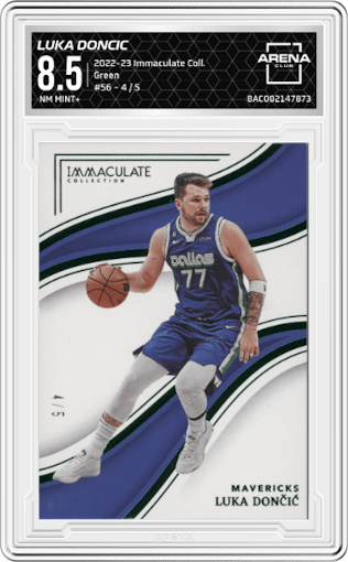 Luka Doncic from the 2022-23 Panini Immaculate Collection set featuring a Green parallel graded by Arena Club and given an overall grade of 8.5.