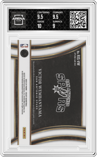 Victor Wembanyama from the 2023-24 Panini Select  set graded by Arena Club and given an overall grade of 9.5.