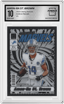 Amon-Ra St. Brown from the 2023 Clearly Donruss set graded by Arena Club and given an overall grade of 10.