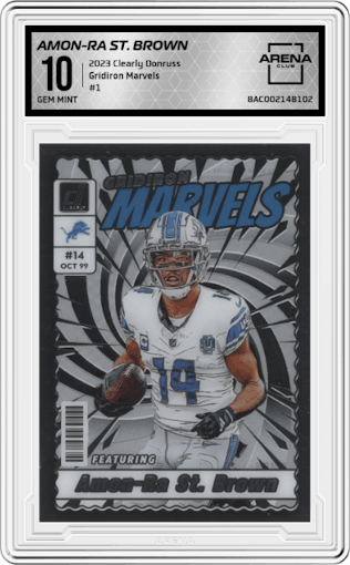 Amon-Ra St. Brown from the 2023 Clearly Donruss set graded by Arena Club and given an overall grade of 10.