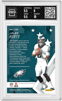 Jalen Hurts from the 2020 Panini Rookies & Stars set featuring a Orange parallel graded by Arena Club and given an overall grade of 8.5.