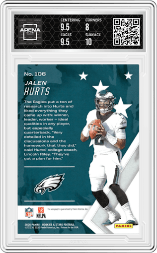 Jalen Hurts from the 2020 Panini Rookies & Stars set featuring a Orange parallel graded by Arena Club and given an overall grade of 8.5.