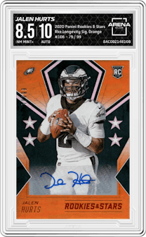 Jalen Hurts from the 2020 Panini Rookies & Stars set featuring a Orange parallel graded by Arena Club and given an overall grade of 8.5.