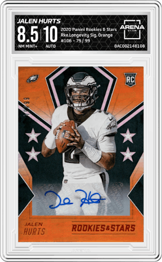 Jalen Hurts from the 2020 Panini Rookies & Stars set featuring a Orange parallel graded by Arena Club and given an overall grade of 8.5.