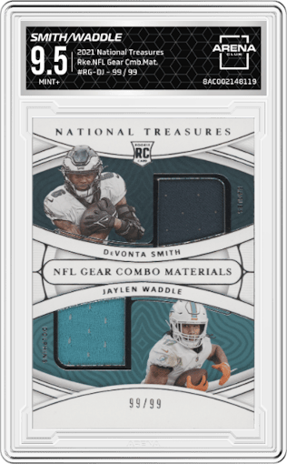 DeVonta Smith/Jaylen Waddle from the 2021 Panini National Treasures set graded by Arena Club and given an overall grade of 9.5.