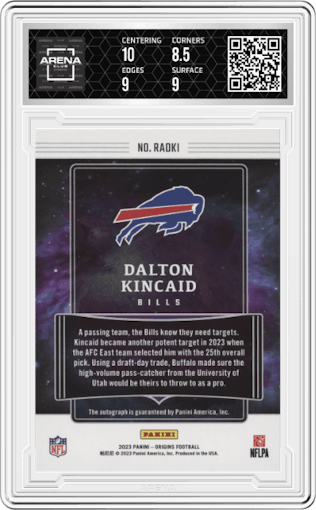 Dalton Kincaid from the 2023 Panini Origins set graded by Arena Club and given an overall grade of 9.
