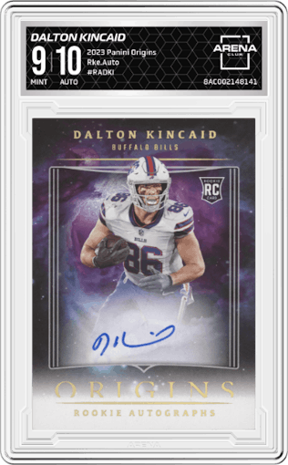 Dalton Kincaid from the 2023 Panini Origins set graded by Arena Club and given an overall grade of 9.