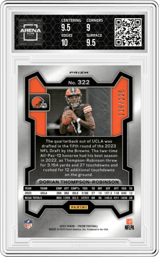 Dorian Thompson-Robinson from the 2023 Panini Prizm set featuring a Purple Ice parallel graded by Arena Club and given an overall grade of 9.5.