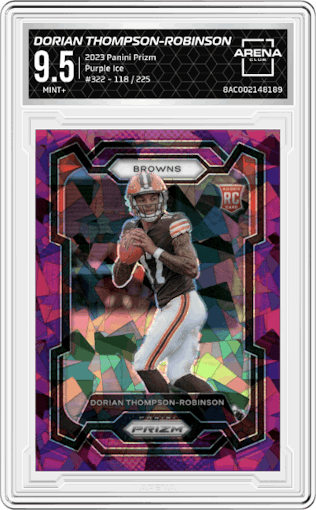 Dorian Thompson-Robinson from the 2023 Panini Prizm set featuring a Purple Ice parallel graded by Arena Club and given an overall grade of 9.5.